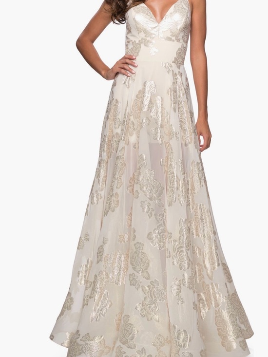 La Femme Dresses & Skirts - La Femme Organza Ivory Strapless A-Line Gown with Gold Floral Jacquard